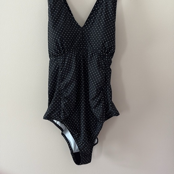 Motherhood Maternity Polka Dot Tie Front Criss Cross One Piece Swimsuit Black L - Picture 4 of 16